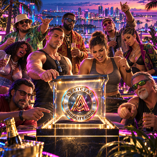 AudaCity crew celebrating on a neon rooftop